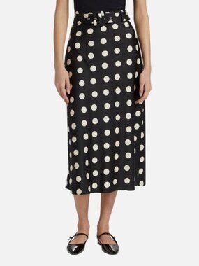 If Only Studio Women’s Black Satin Polka Dot Belted A-Line Skirt Size M